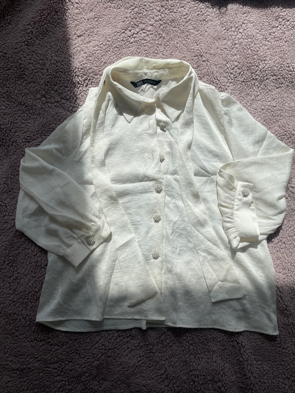 Zara Cream Button-Up Tie-Neck Blouse